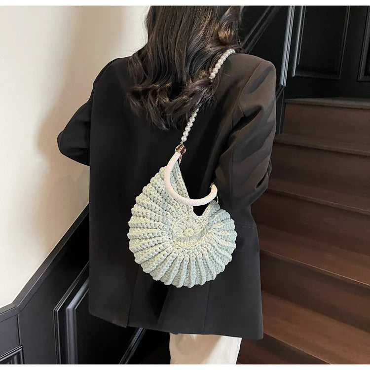 Criativo concha em forma de crochê feminino ombro sacos engraçado bonito pérolas correntes artesanal tecer crossbody saco novidade pequenas bolsas