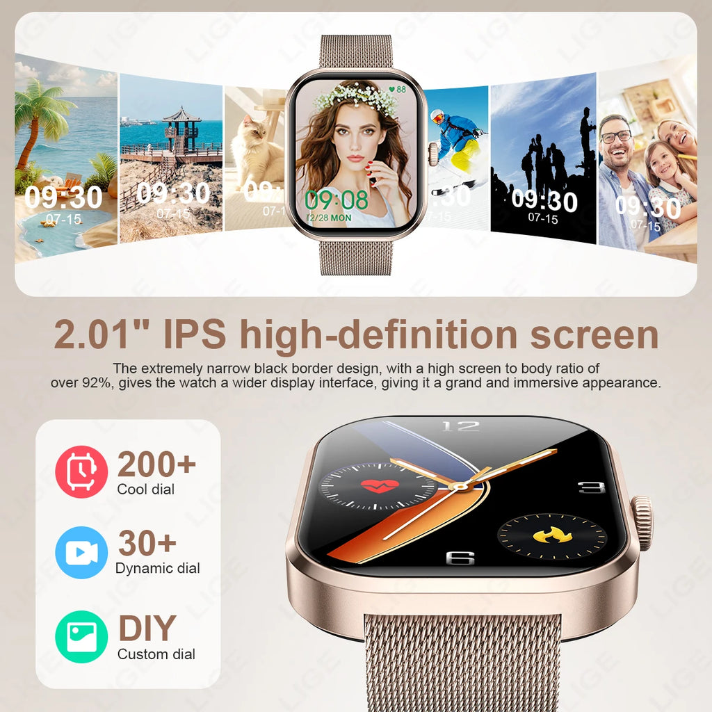 Lige 2.01 "tela hd relógio personalizado rosto relógio inteligente feminino à prova dwaterproof água esporte senhoras relógios bt chamada monitor de saúde feminino smartwatch