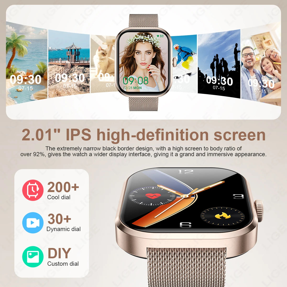 Lige 2.01 "tela hd relógio personalizado rosto relógio inteligente feminino à prova dwaterproof água esporte senhoras relógios bt chamada monitor de saúde feminino smartwatch