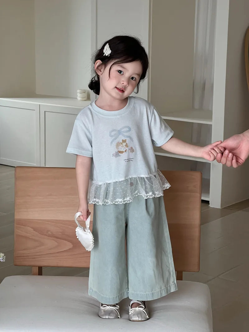 Crianças camisetas de manga curta 2025 verão novo arco dos desenhos animados impressão meninas rendas camiseta do bebê meninas algodão casual topos crianças roupas
