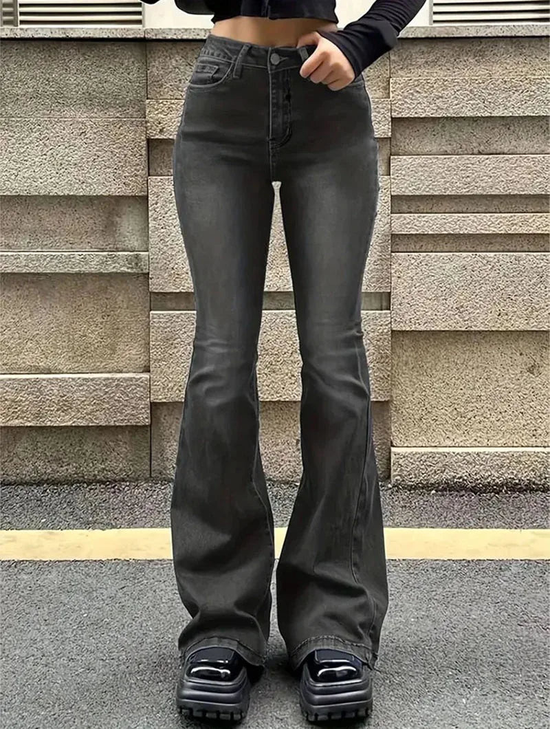 Lucyever calças jeans femininas flare vintage americana streetwear slim y2k punk jeans feminino clássico cintura alta calças largas perna