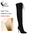 Botas femininas de lantejoulas acima do joelho, salto alto fino, botas longas pontiagudas, sapatos de festa para senhora, moda boate, 10cm, outono e inverno