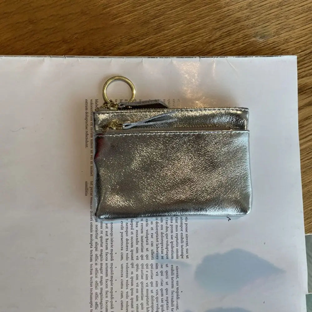 Porta-moedas de Couro Portátil com Zíper Duplo, Bolsa de Armazenamento Fofa, Suporte Multifuncional para Cartões de Crédito e Dinheiro