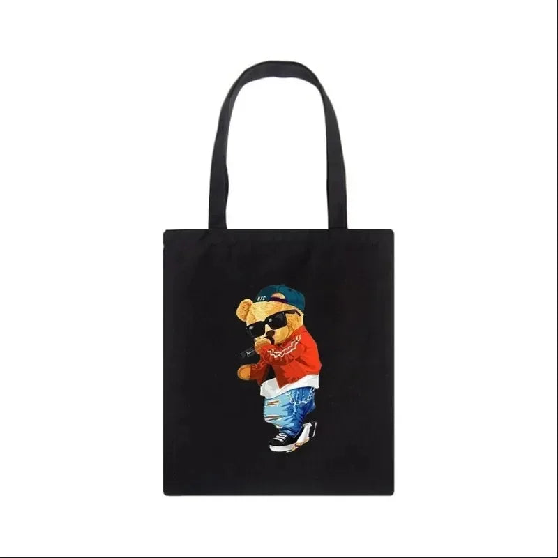 Moda urso impressão eco mulheres sacos de ombro bolsa feminina lona saco de compras casual grandes senhoras viagem totes sacos
