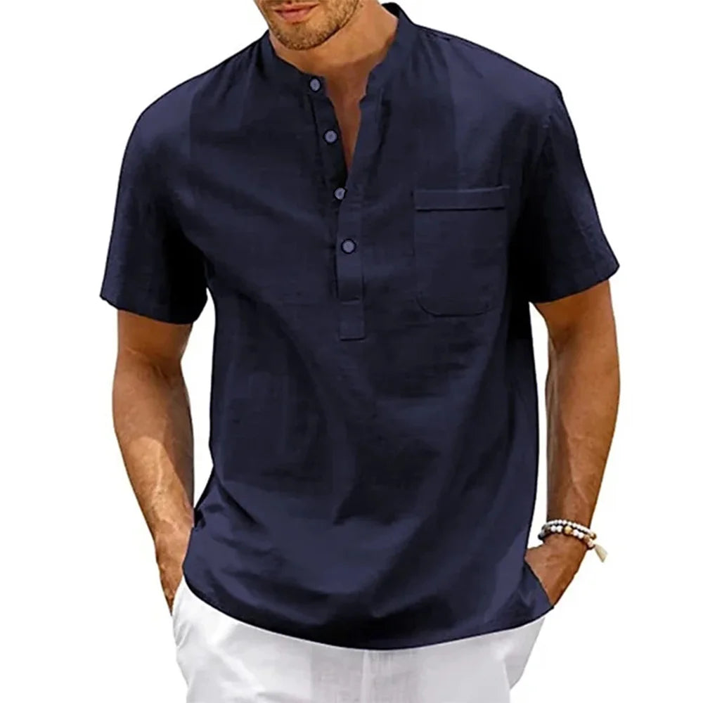 Camisa de linho de algodão masculina henley pescoço bolso casual praia manga curta cor sólida masculino topos camisetas vintage streetwear