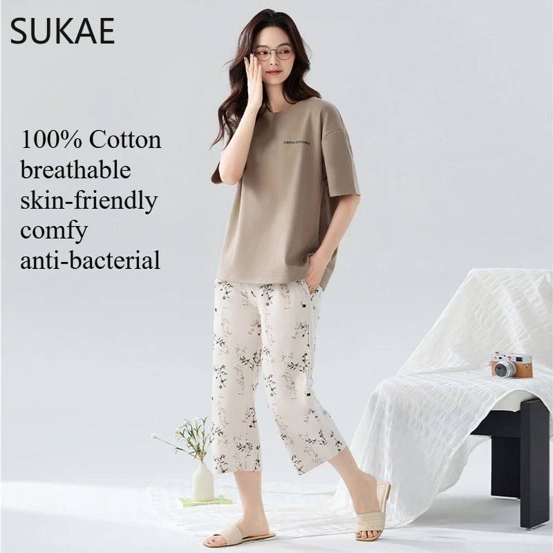 SUKAE-Conjunto de Pijamas dos desenhos animados das mulheres, 100% algodão, calça curta na altura do joelho, pijamas, capris loungewear, pijamas de verão, M-4XL