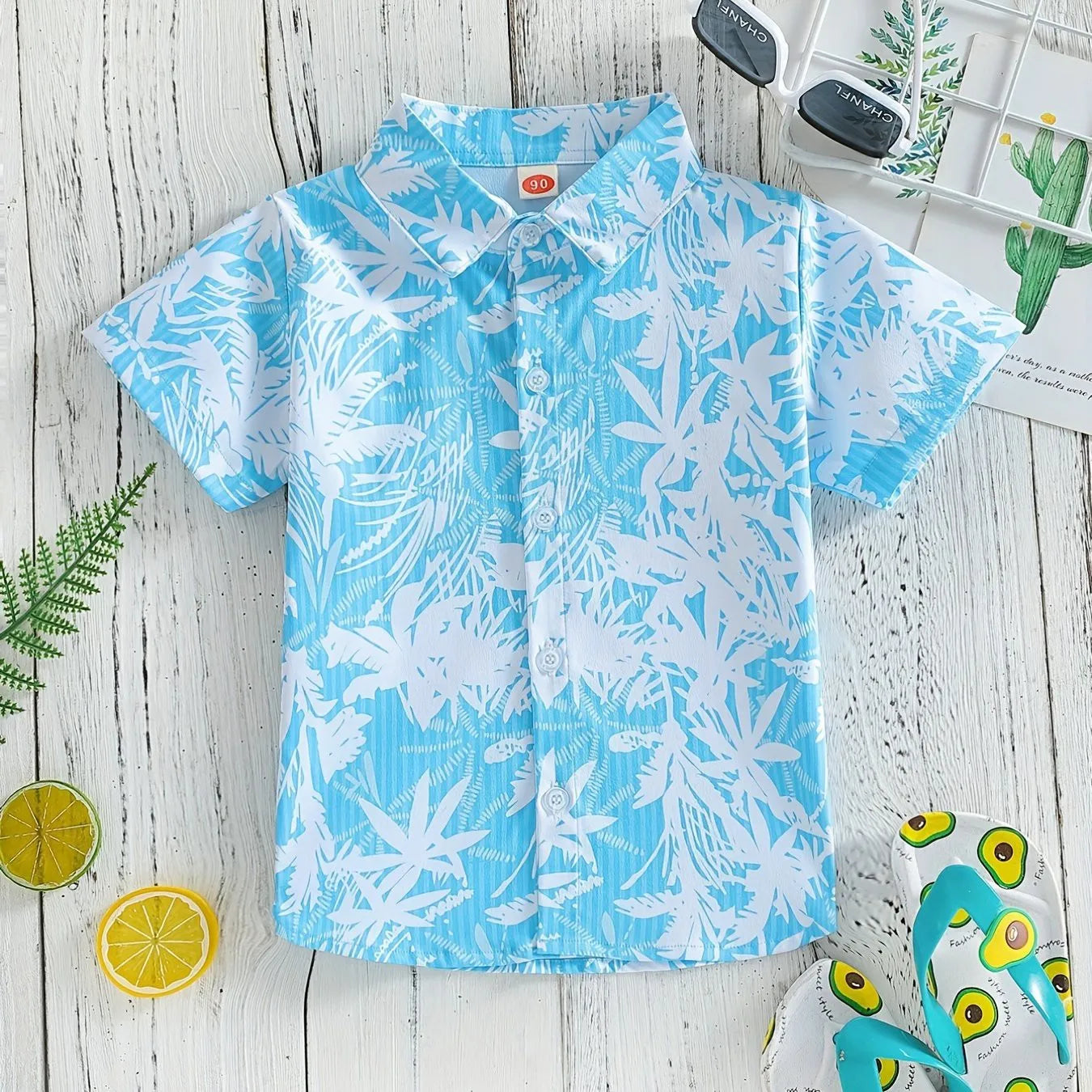 Top respirável casual floral e foliar infantil, blusa de meninos, perfeita para praia, férias, elegante, verão