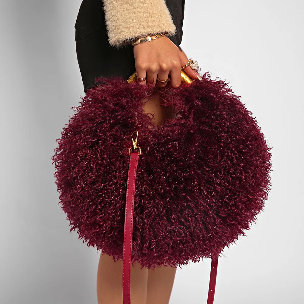 Moda feminina longa pele lã saco praia falso lã pele bolsa de ombro senhoras peles falsas bolsa luxo mongol ovelhas sacos de pelúcia