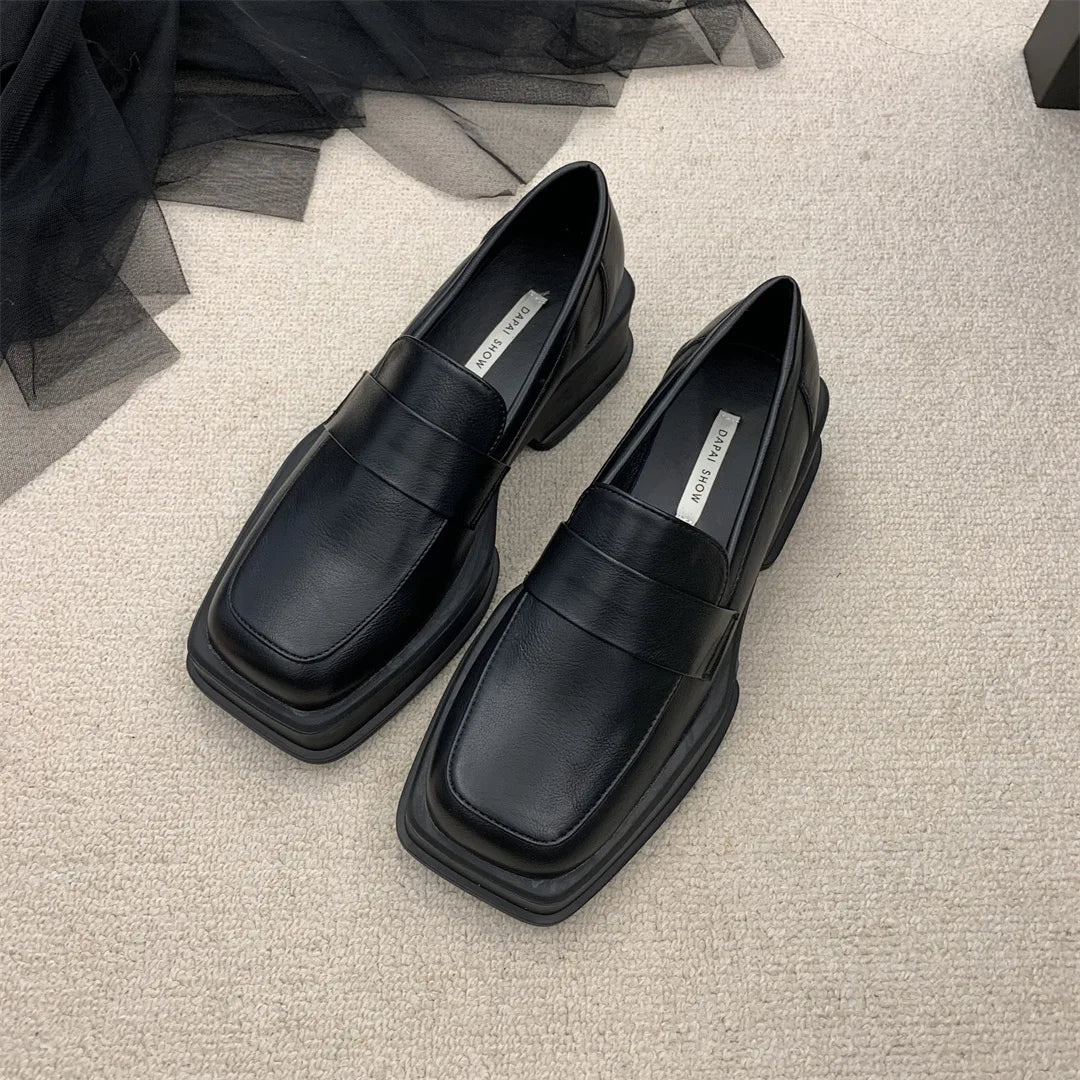 Estilo britânico fundo grosso primavera outono cabeça quadrada retro mocassins sapatos femininos casuais deslizamento na plataforma mocassins senhoras bombas
