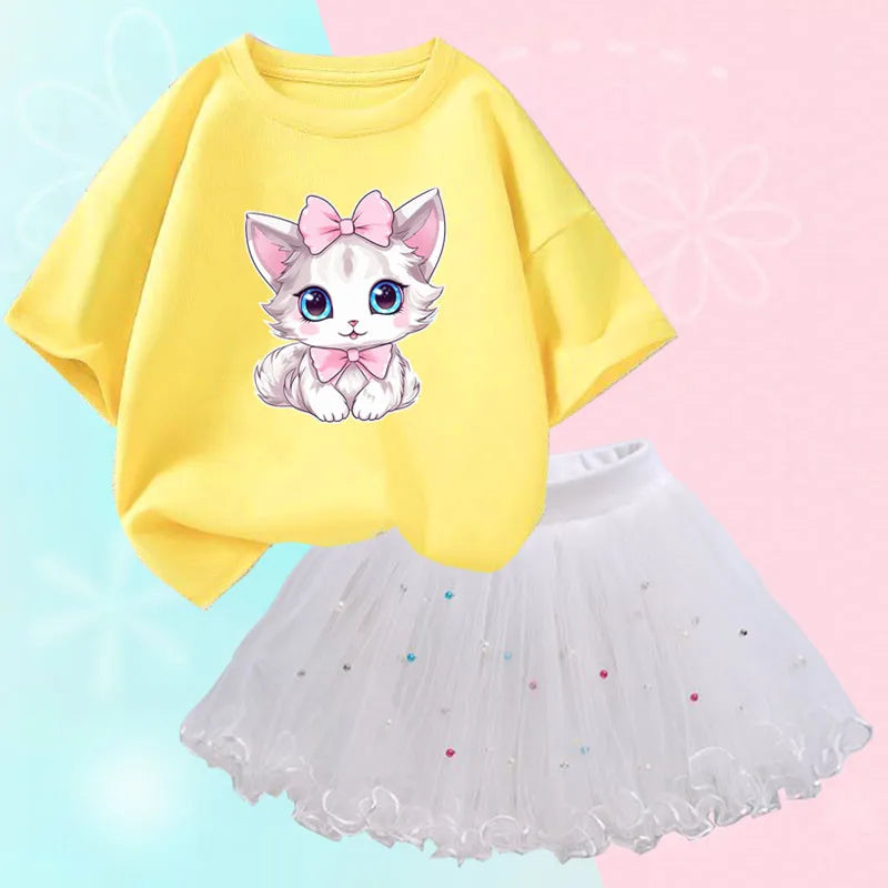 Roupas de verão para meninas, camiseta fofa de gato e saia tutu de malha, conjunto de duas peças, roupas coreanas para crianças de 3 a 14 anos