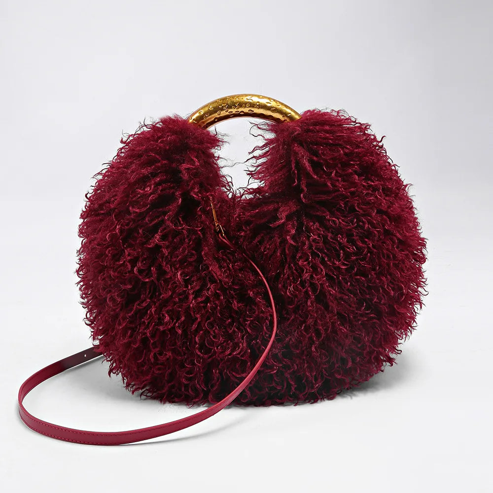 Moda feminina longa pele lã saco praia falso lã pele bolsa de ombro senhoras peles falsas bolsa luxo mongol ovelhas sacos de pelúcia