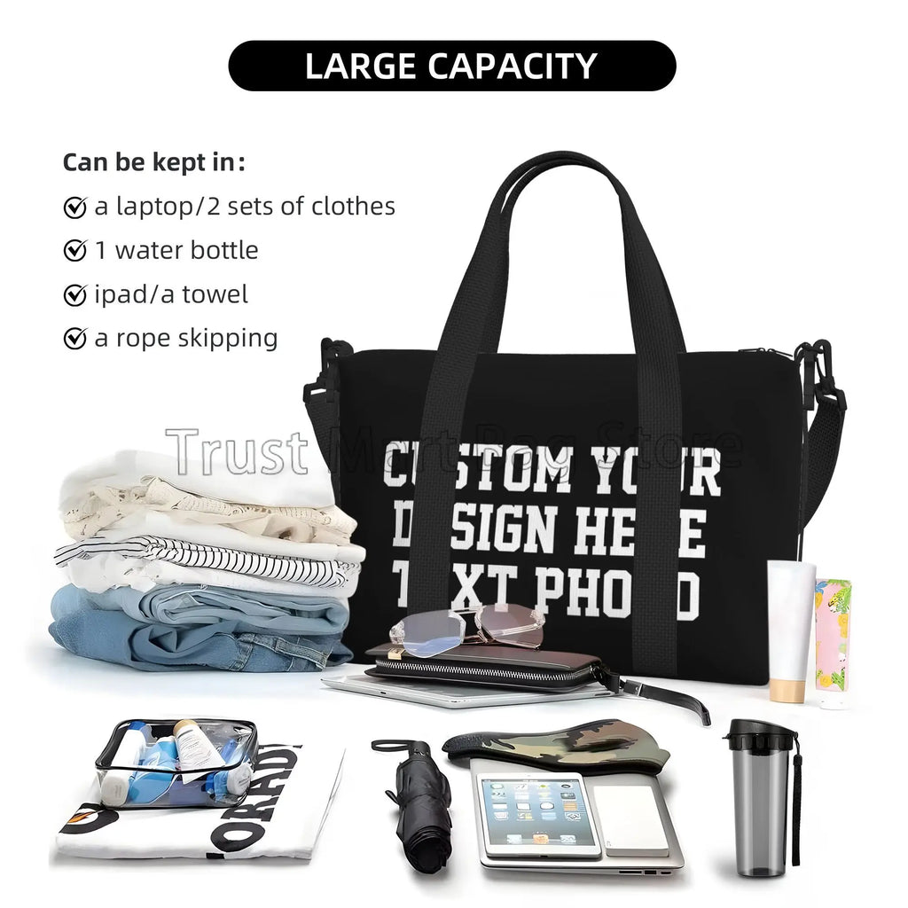 Personalize seu design texto foto impressão duffle sacos personalizado durável fim de semana durante a noite saco para mulheres homens saco de bagagem de viagem