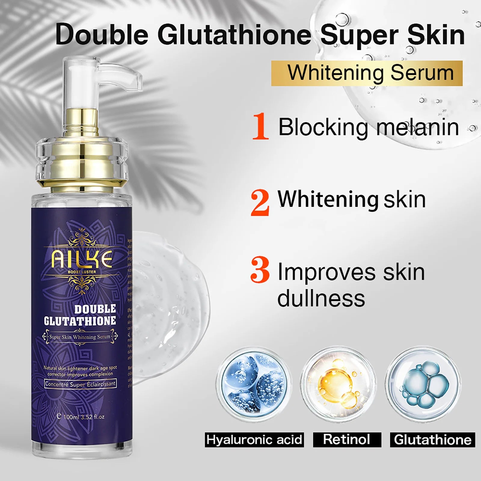 AILKE Clareador de cuidados com a pele, com glutationa dupla, clareador, hidratante, remove manchas escuras, melanina, cuidados faciais brilhantes da pele