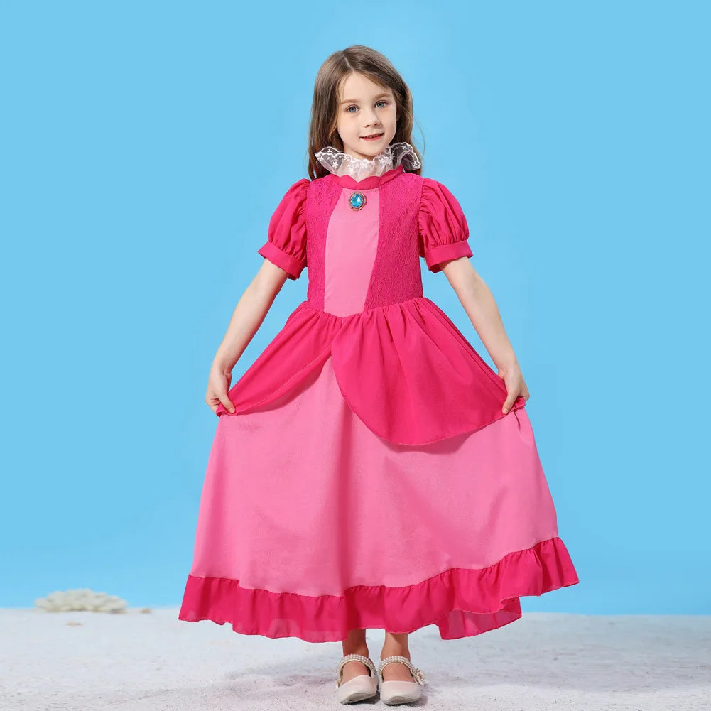 Pêssego rosalina vestido meninas margarida cosplay roupas crianças halloween vestir-se roupas de verão rendas applique princesa traje