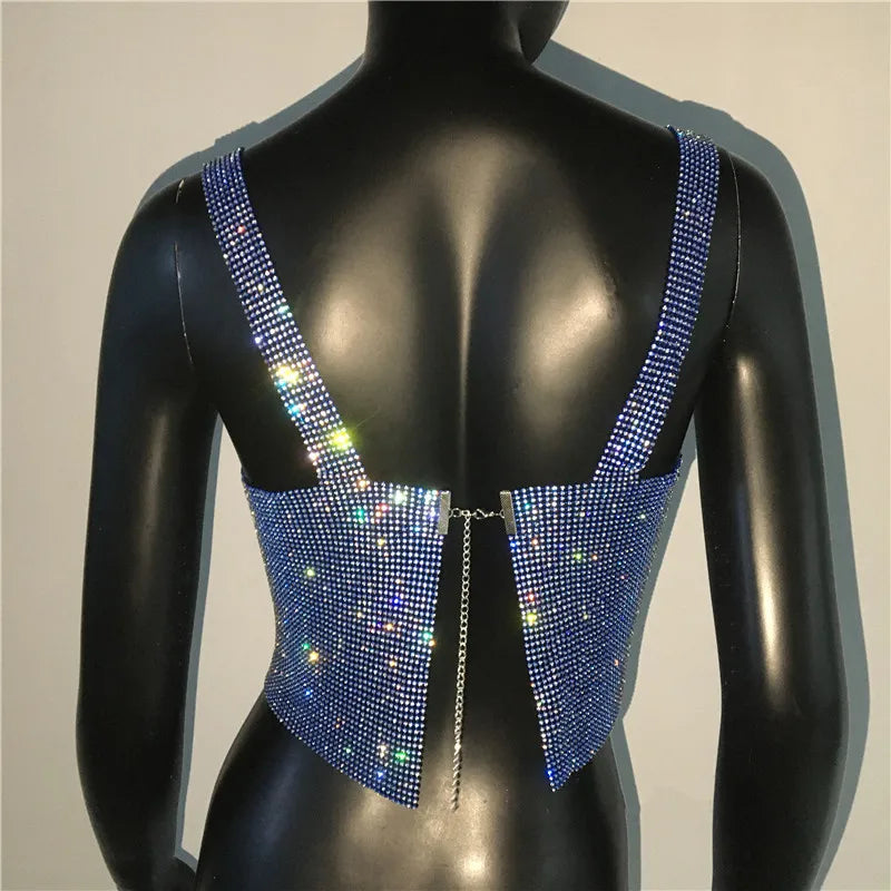 2025 glitter boate sem costas strass regata feminina sexy metal cristal diamantes lantejoulas noite clube festa wear topo de colheita