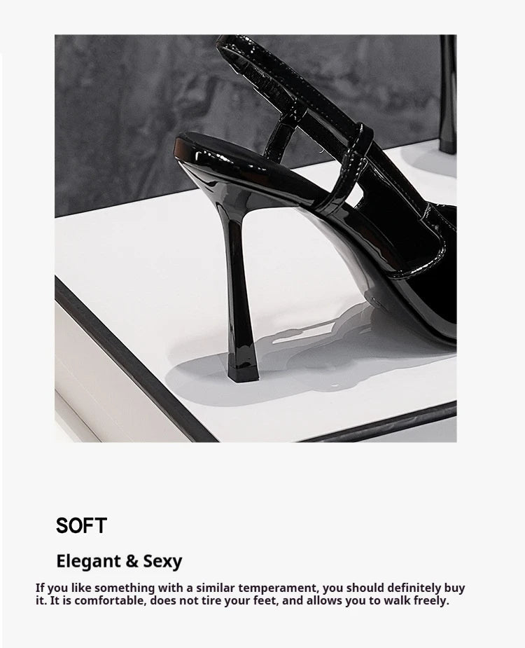 Novo verão sandálias femininas de salto alto ouro cabeça de ferro couro patente preto stiletto cabeça quadrada dedo do pé fechado estilingue volta sapatos