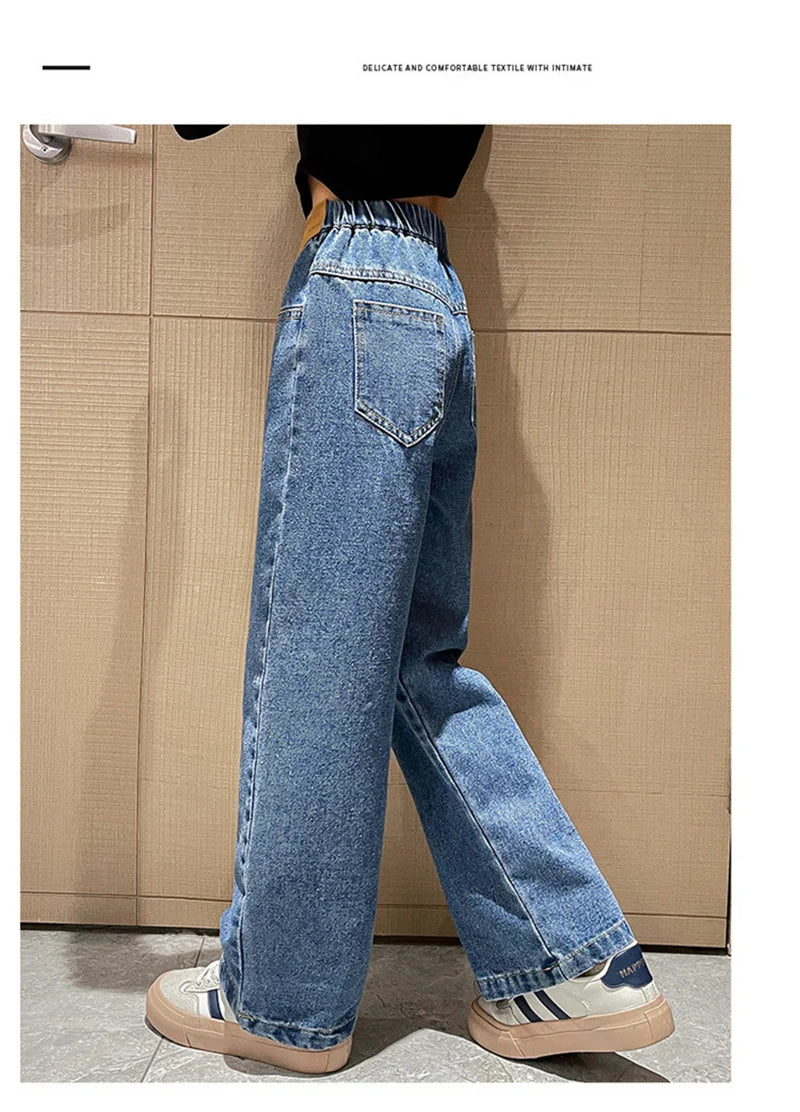 Jeans casuais soltos para meninas, calças longas retas para a escola, perna larga, para crianças de 5 a 14 anos, outono