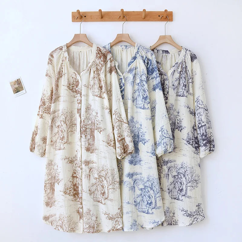 Manga longa algodão jardim secreto impressão com decote em v vestido de dormir para mulheres sleepwear respirável comprimento médio dormir camisolas