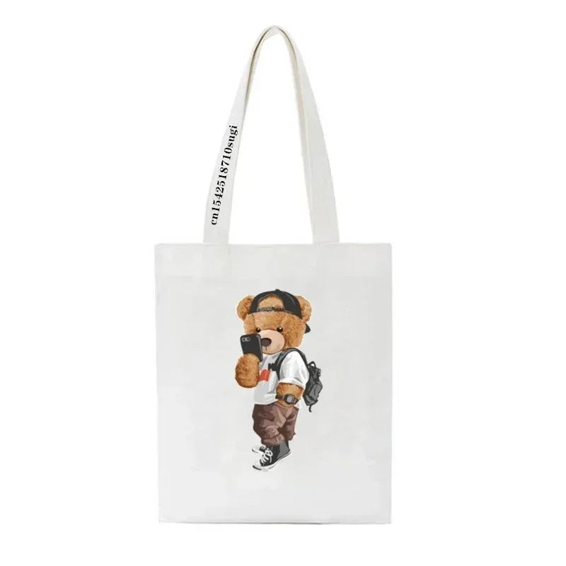Moda urso impressão eco mulheres sacos de ombro bolsa feminina lona saco de compras casual grandes senhoras viagem totes sacos
