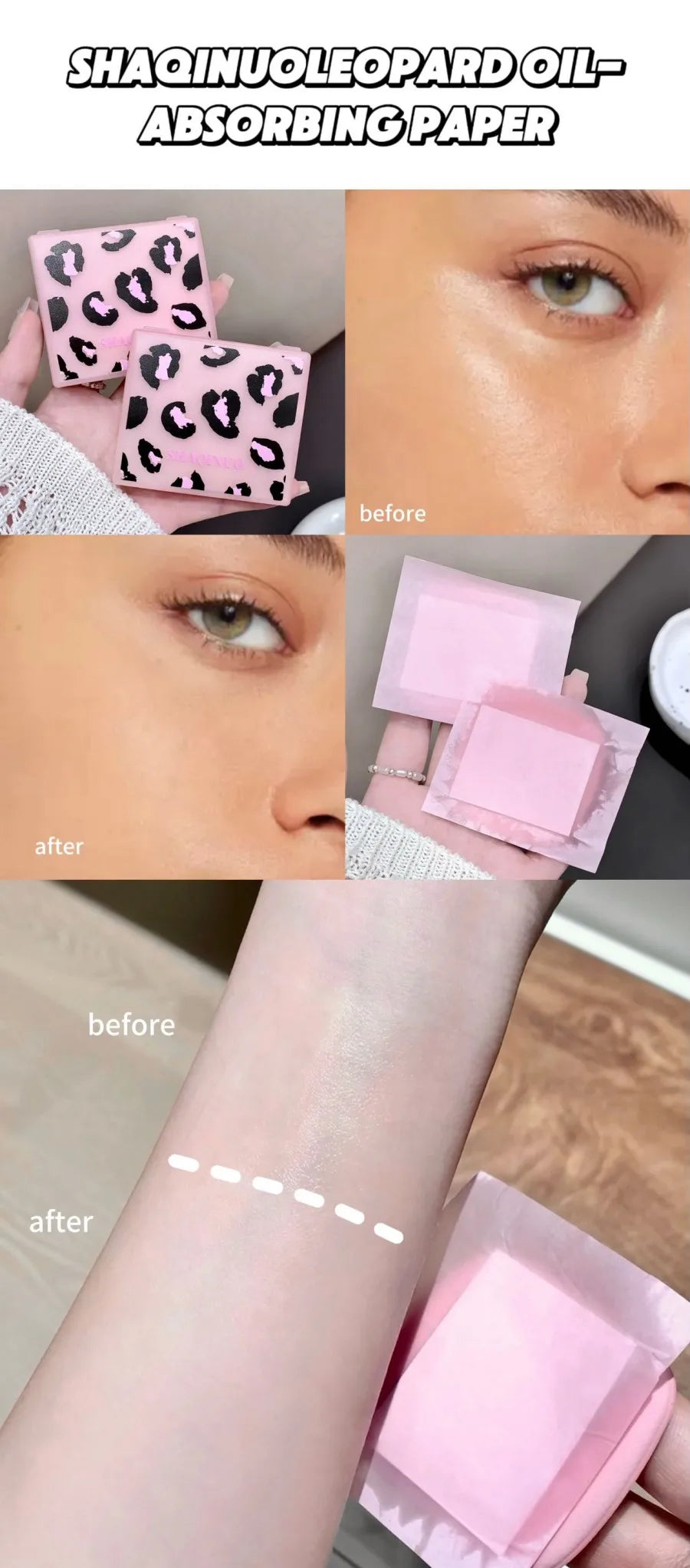 100 folhas de papel absorvente de óleo facial com estampa de leopardo rosa caixa de armazenamento portátil com espelho ferramenta de beleza