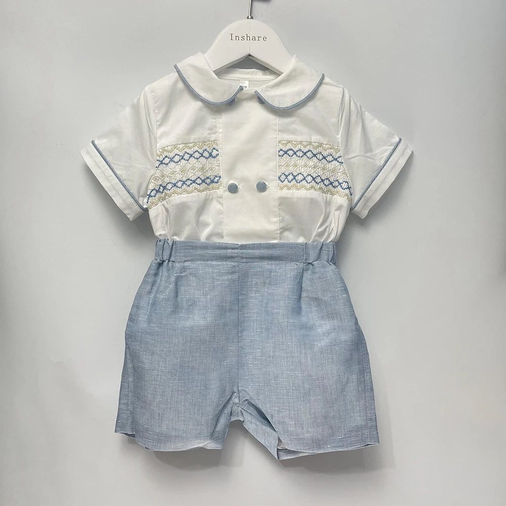 Roupa de boutique infantil, artesanal para menino, conjunto bordado, algodão azul, manga curta, roupa de irmãos, batizado, aniversário