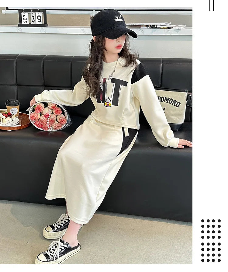 Roupas de Inverno e Outono 2026 para Meninas e Adolescentes: Blusas com Letras, Moletom com Capuz + Saias com Fenda para Idades de 4 a 13 Anos