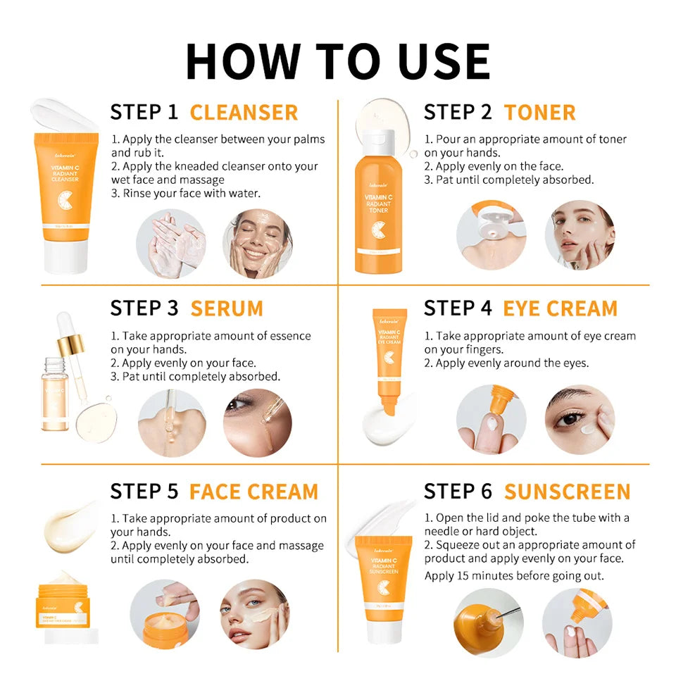 Lakerain vitamina c conjunto de cuidados com a pele 6 pçs kit creme de clareamento manchas escuras soro círculo escuro olho hidratante facial kits de clareamento