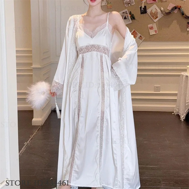 Feminino longo twinset robe conjunto sexy renda guarnição roupão de casamento quimono vestido sleepwear elegante seda gelo camisola loungewear homewear