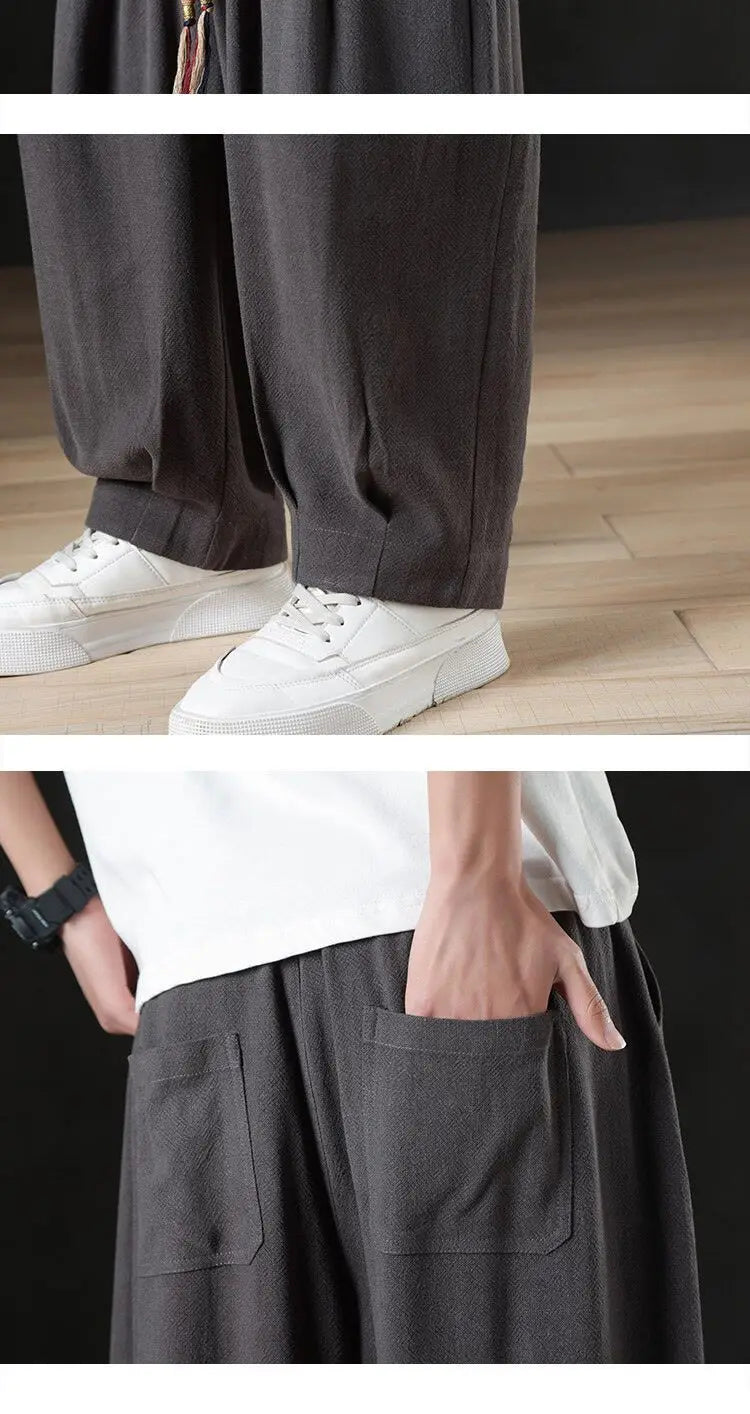 Calça masculina casual de linho verão leve solta de perna reta