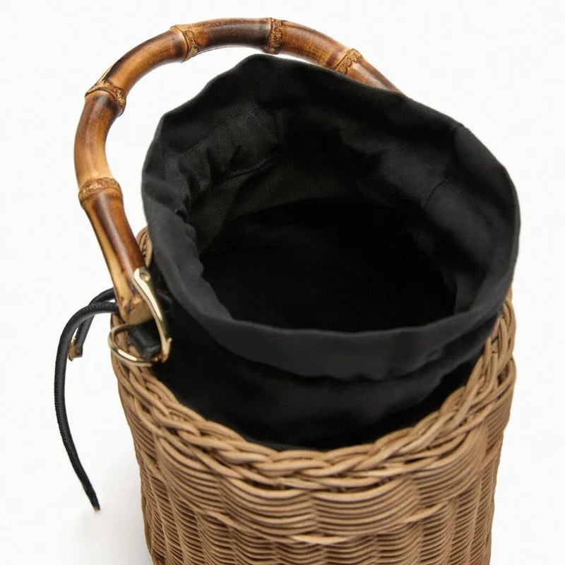 Novo balde de rattan tecido saco alça de bambu bolsa feminina moda cilindro saco de palha férias viagem essencial bolsa de ombro