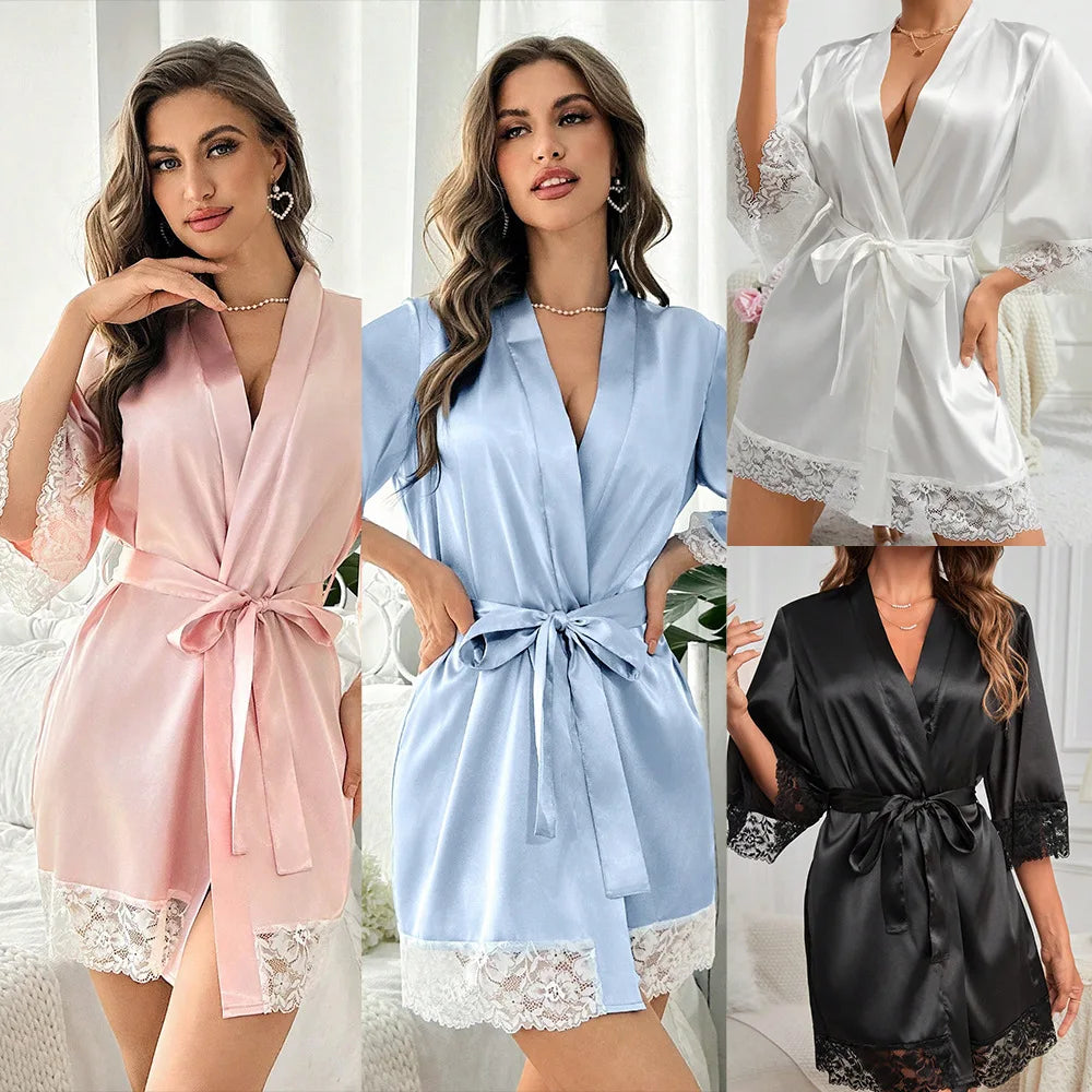 Novo Robe Elegante de Cetim para Mulheres 2025 com Renda, Kimono Curto, Camisola, Decote V, Cinto, Roupa de Noiva, Presente para Madrinhas