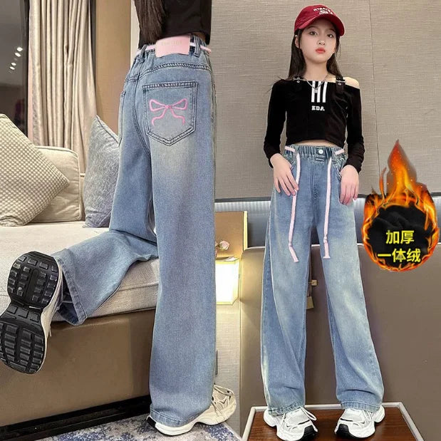Meninas adolescentes jeans com lã outono inverno moda casual crianças perna larga calças jeans isoladas escola crianças denim