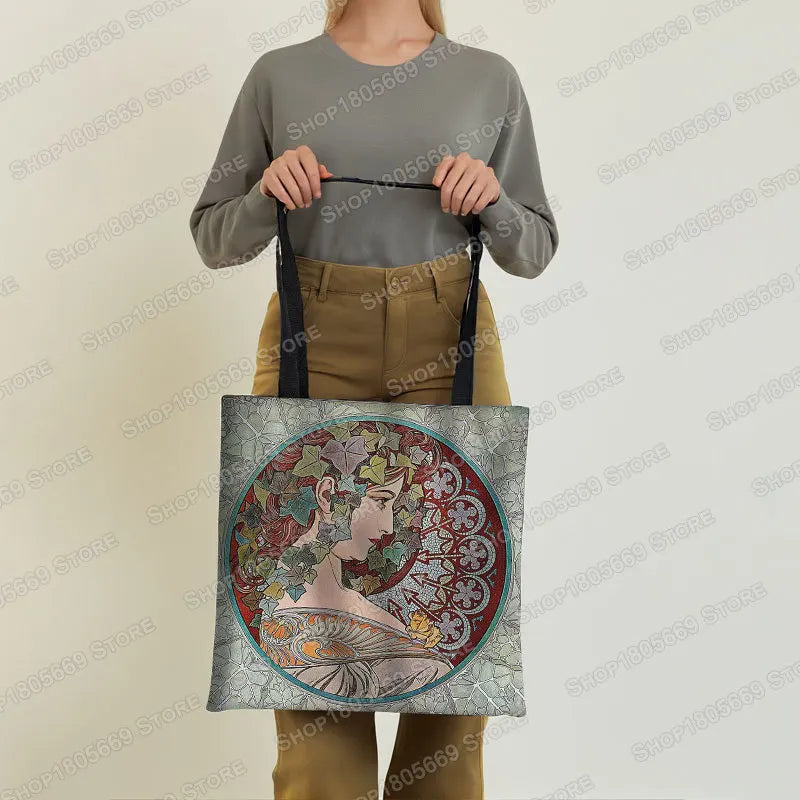 Alphonse Beauty Print Bolsa para Mulheres, Sacos De Compras De Armazenamento Reutilizável, Totes Casuais, Pintura A Óleo, Elegante Senhoras Tote