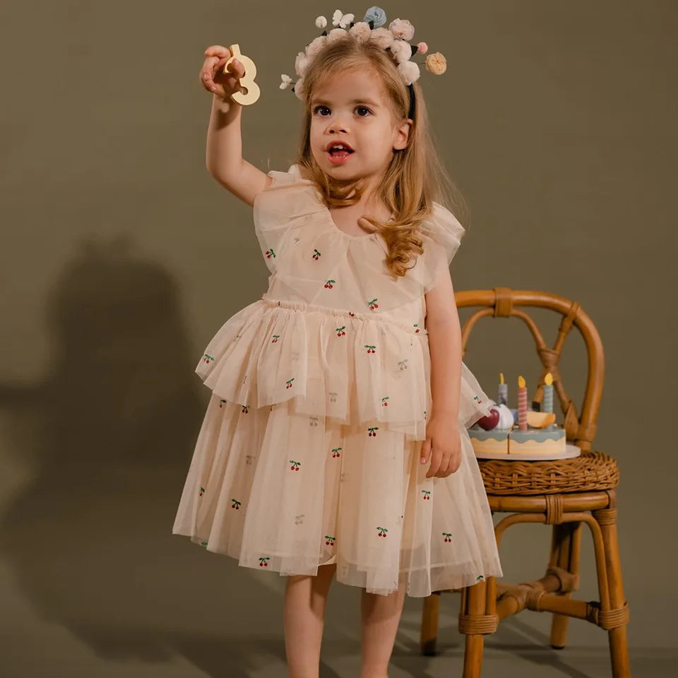 Verão ks bebê meninas cereja malha vestido crianças roupas meninas vestidos de princesa saias festa de natal manga longa vestidos