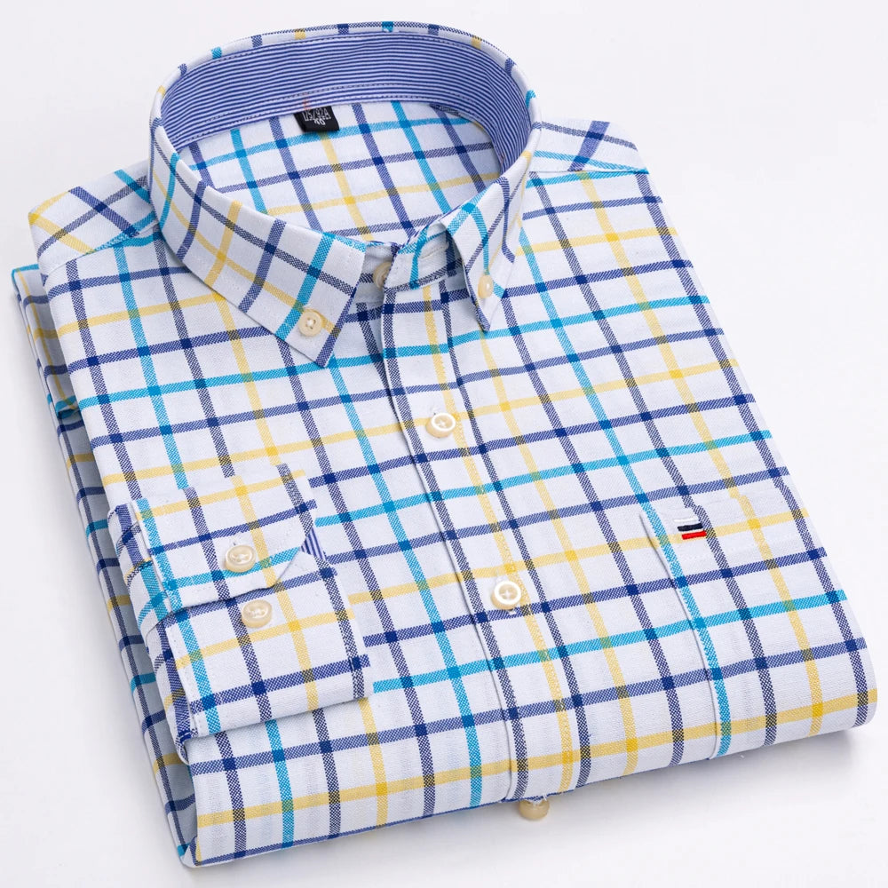 Camisas de vestido de algodão com design de gola de lapela listrada xadrez na moda masculina, camisa casual de manga comprida com botões para primavera/outono