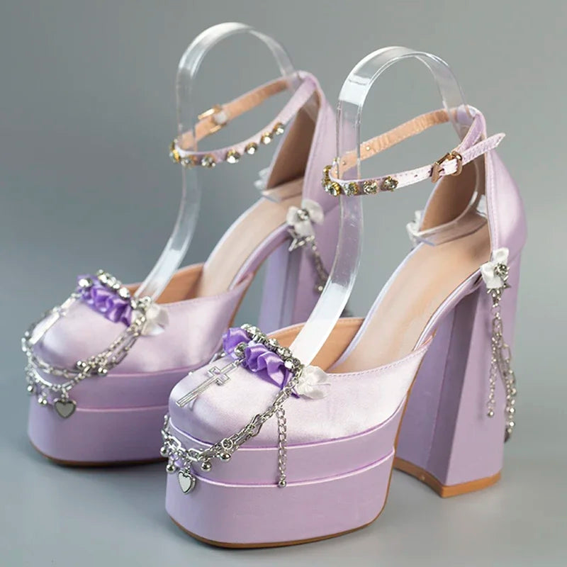 Cruz Japonesa Rhinestone Lolita Salto Alto para Mulheres, Corrente de Metal, Casamento da Noiva Rosa, Doce Sapatos Y2k Mary Jane, Salto Plataforma para Menina