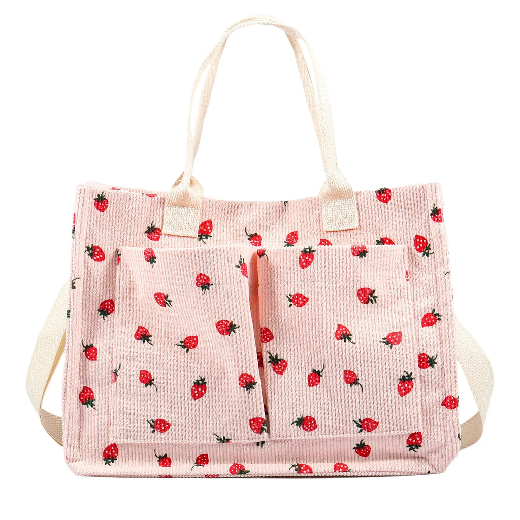 Bolsa tote fofa de morango com remendo para mulheres, bolsa tote de tecido de grande capacidade, sacola duradoura com ombro ajustável