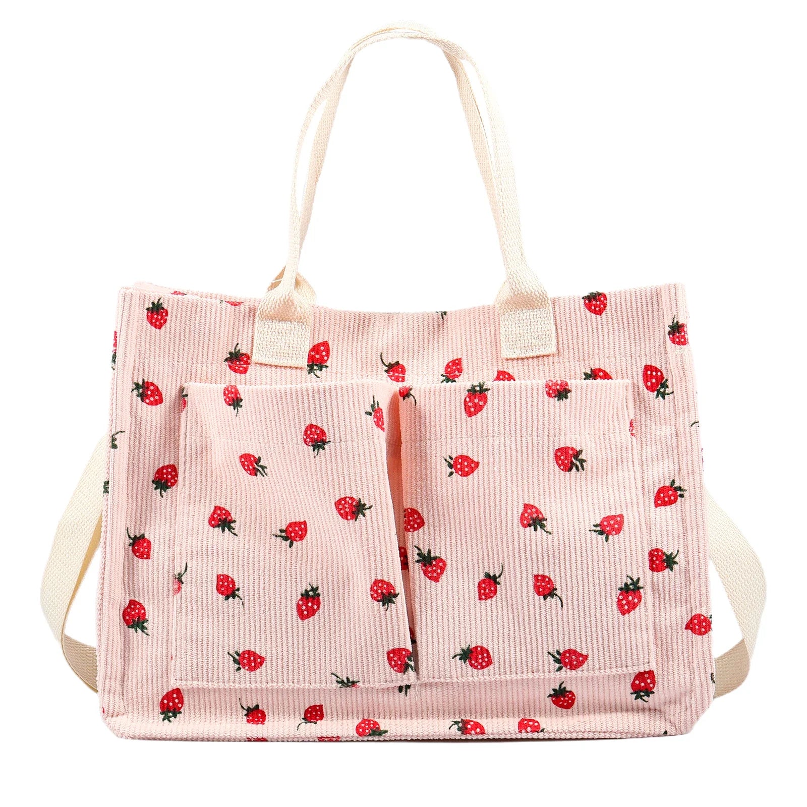 Bolsa tote fofa de morango com remendo para mulheres, bolsa tote de tecido de grande capacidade, sacola duradoura com ombro ajustável