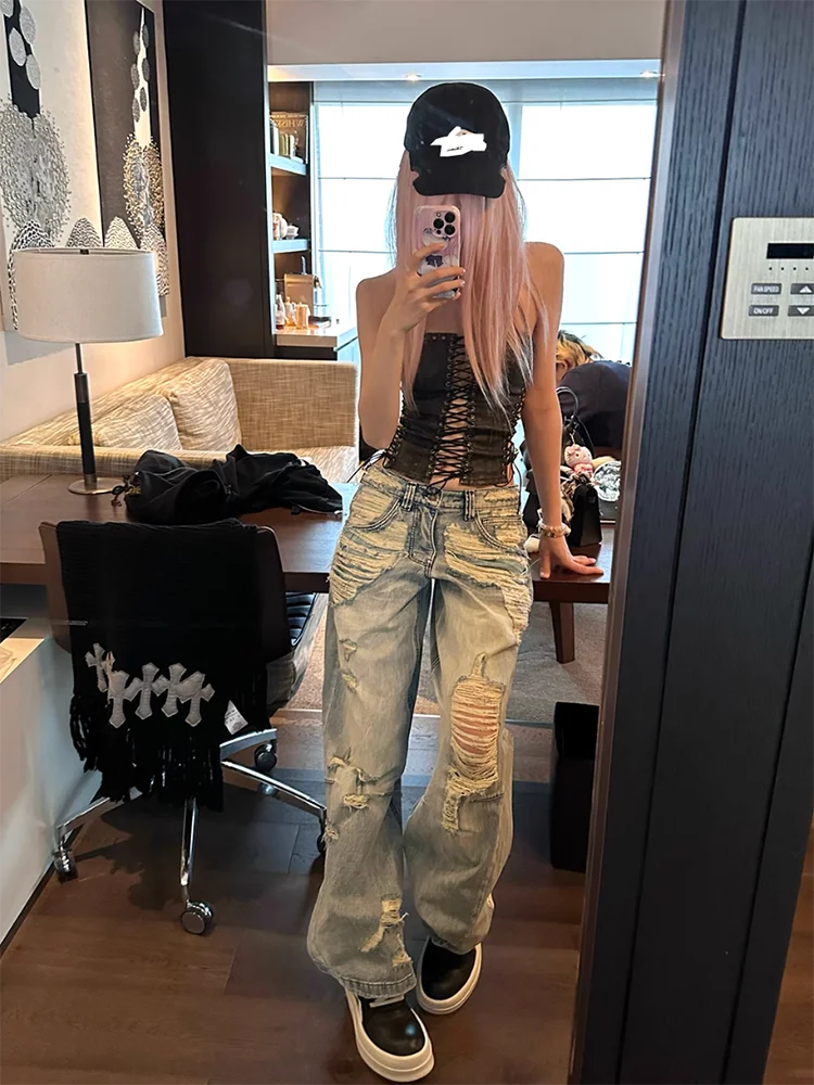 High street hottie vintage buraco jeans feminino y2k moda cintura alta baggy calças de perna larga 2025 casual jeans soltos