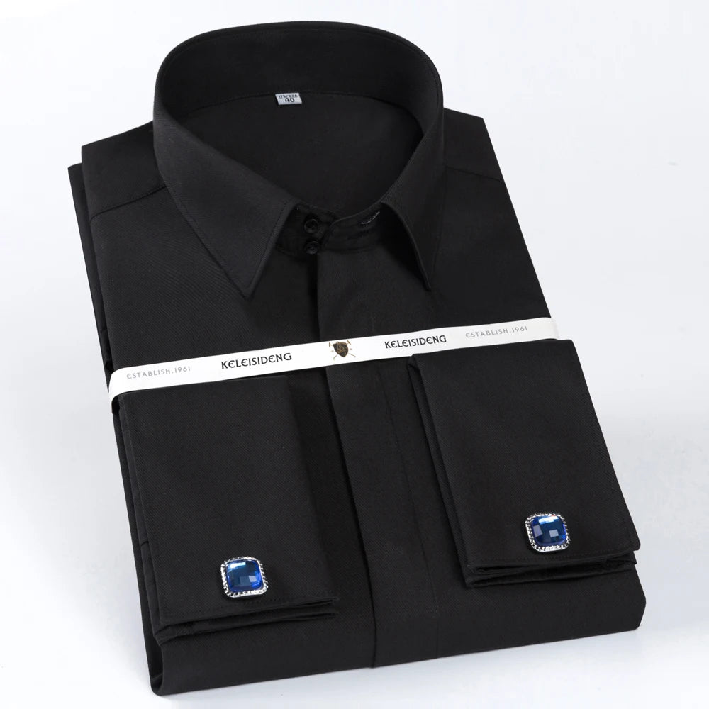 Camisa masculina clássica com punho francês, botão oculto, manga comprida, formal, ajuste padrão, camisas brancas (abotoaduras incluídas)