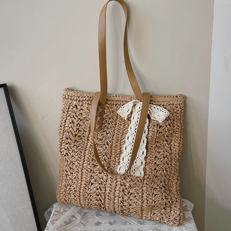 Bolsa de praia de palha oca quadrada artesanal tecido bolsa de ombro ráfia rattan compras saco de viagem boêmio férias de verão casual tote