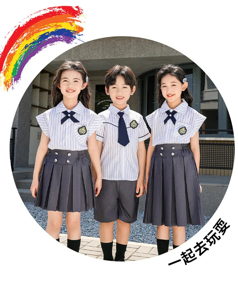 Meninas coreano japonês preppy listrado blusa saias meninos camisas shorts crianças conjuntos de roupas verão estudantes uniformes escolares