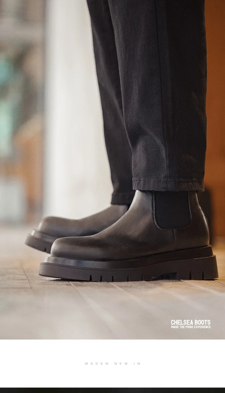 Botas Chelsea Vintage Masculinas Maden, Estilo Britânico, Botas Altas Pretas com Bico Redondo, Calçados Clássicos para Outono e Inverno
