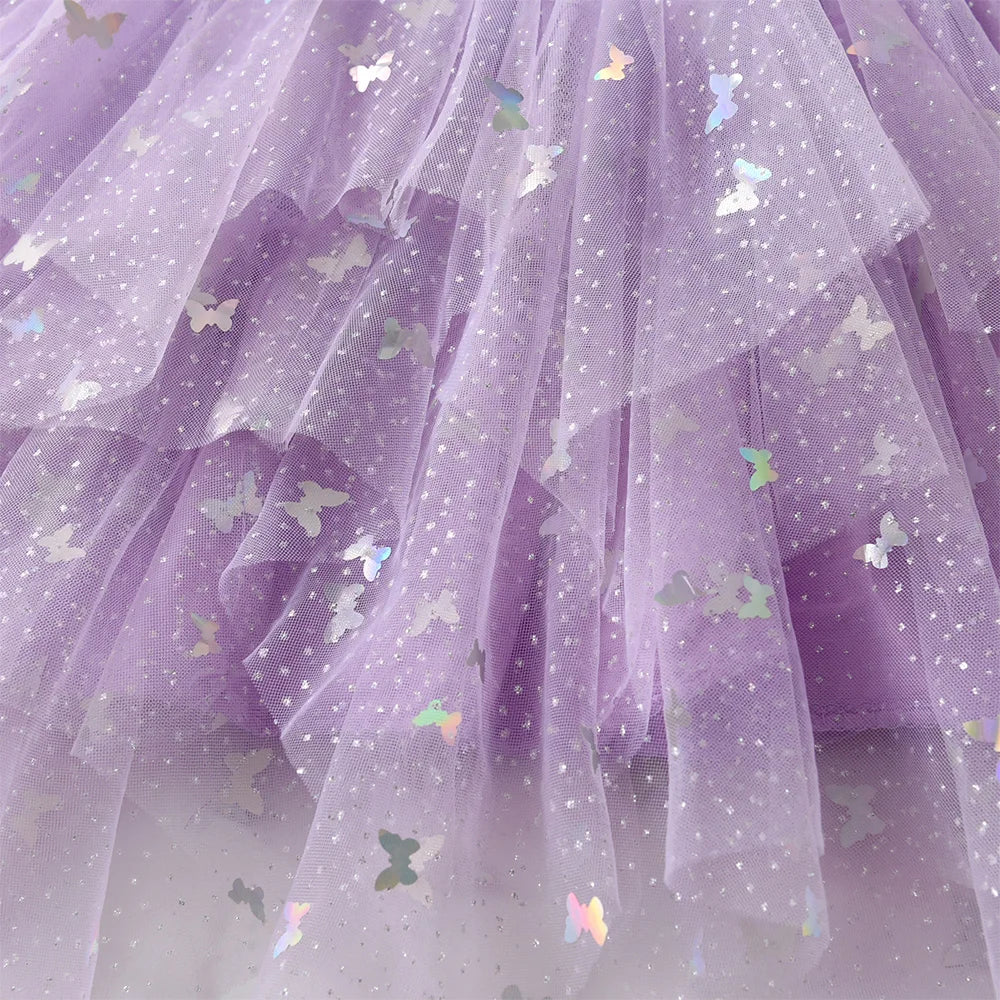 Vikita meninas borboleta lantejoulas tutu vestido crianças malha tule irregular roxo casual princesa festa de formatura vestido crianças roupas