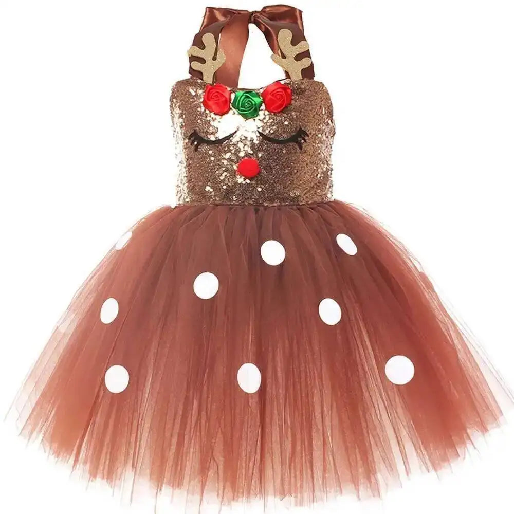 Trajes de veado de lantejoulas marrons para bebês meninas vestidos de princesa de natal crianças roupa de rena roupas de ano novo presente de natal