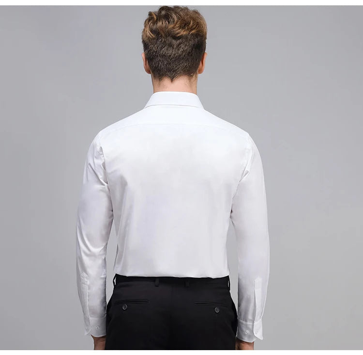 Camisas sociais masculinas clássicas de manga comprida, ajuste padrão, formal, negócios, social, simples, design básico, branco, trabalho, escritório, camisa casual