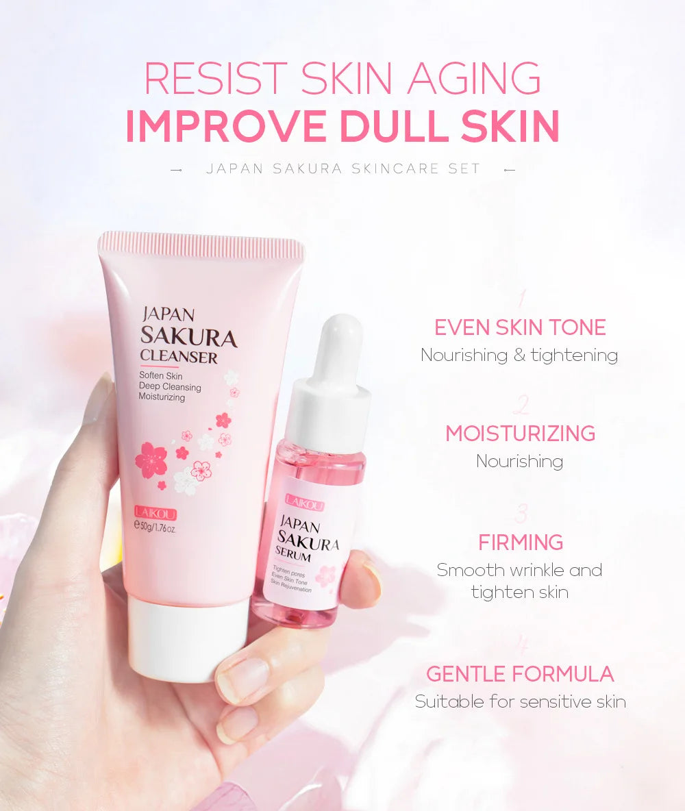 Conjuntos de cuidados com a pele Laikou Sakura com limpador, sérum, creme para os olhos, creme essencial, produtos de beleza para mulheres, presente de Natal.