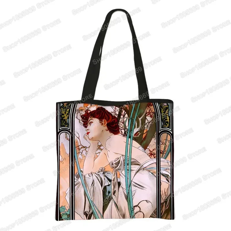 Alphonse Beauty Print Bolsa para Mulheres, Sacos De Compras De Armazenamento Reutilizável, Totes Casuais, Pintura A Óleo, Elegante Senhoras Tote