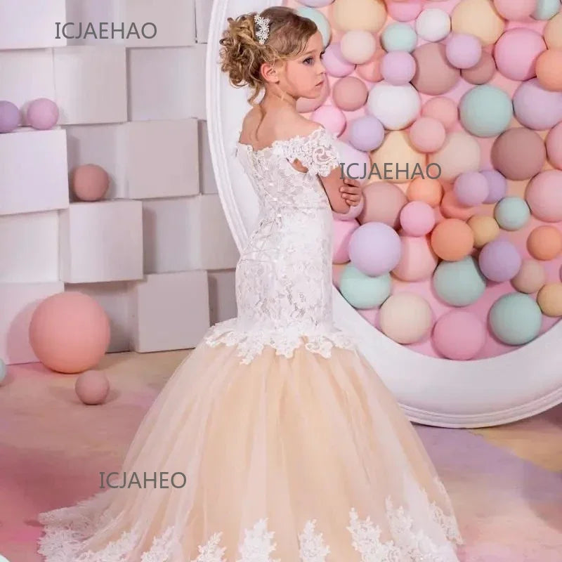 Bebê flor menina vestido crianças rendas longo noite crianças vestidos para casamento bridesmade baile de formatura sereia vestido festa formal vestidos de baile