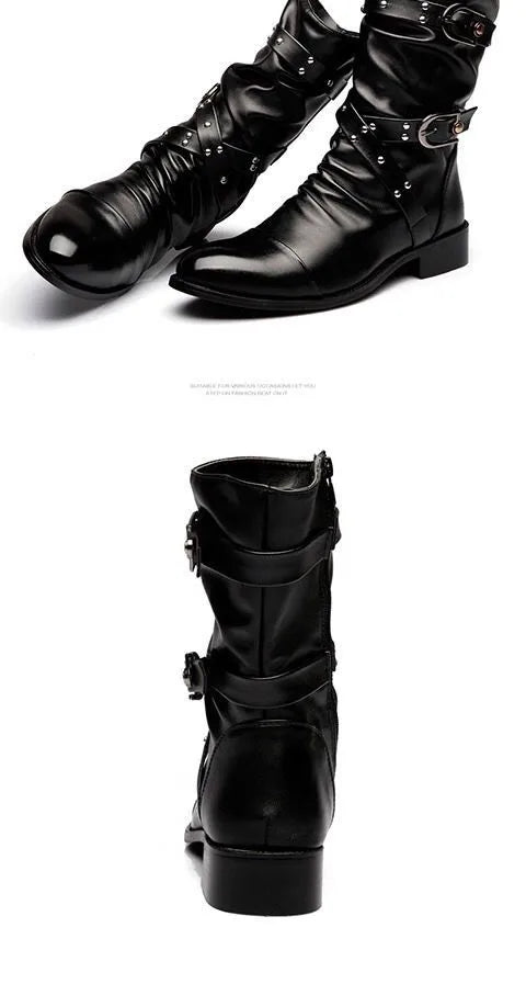 Inverno apontou toe botas de cano médio masculino fivela cinta chelsea bota para homens de couro botas de motocicleta alta superior homem sapato de inverno